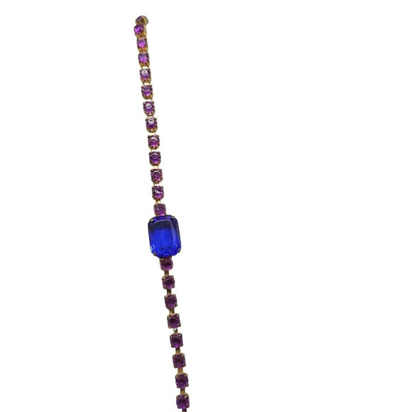 Blue Purple Faceted Crystal Rhinestone Station Necklace Gold Tone Vintage - Picture 2 of 5